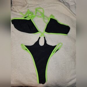 Neon Green and Black Bikini Set Shein